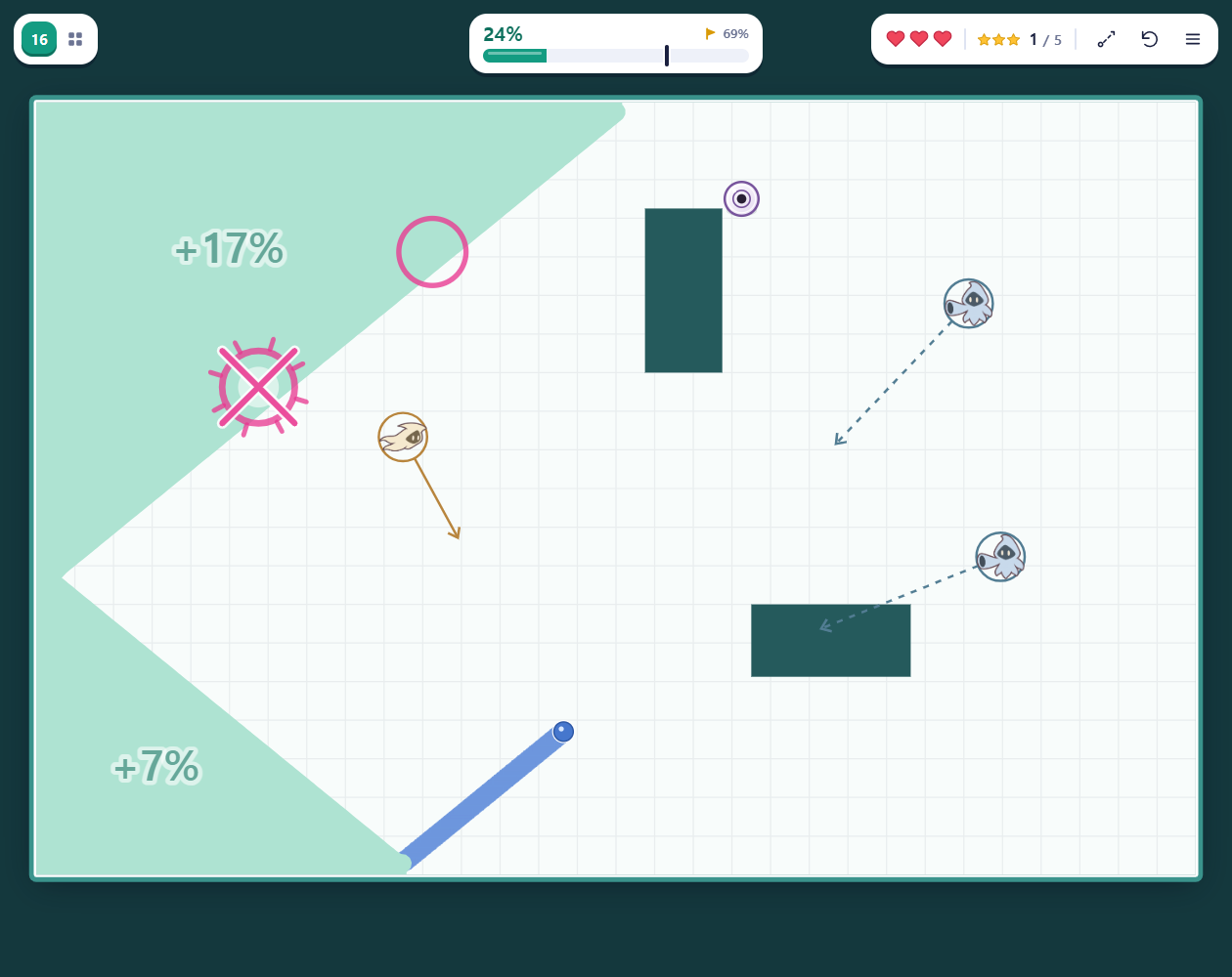 Ink Fill gameplay with mint territory, a ball trail, enemies and tool marbles