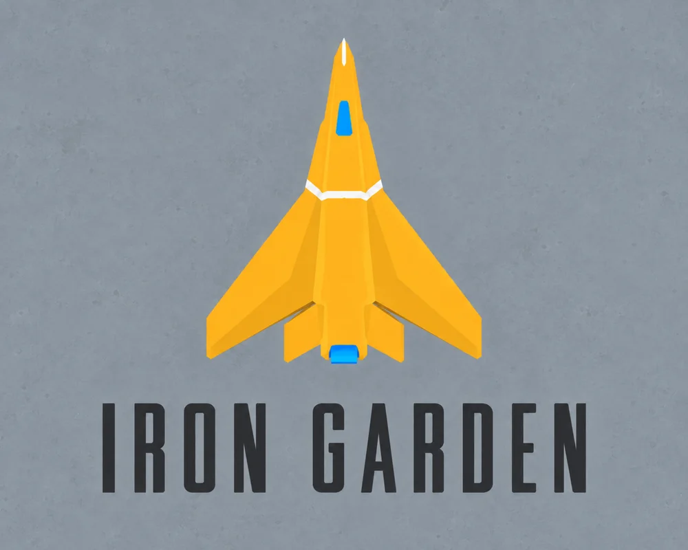 회색 배경 위 황금색 전투 기체와 Iron Garden 타이틀